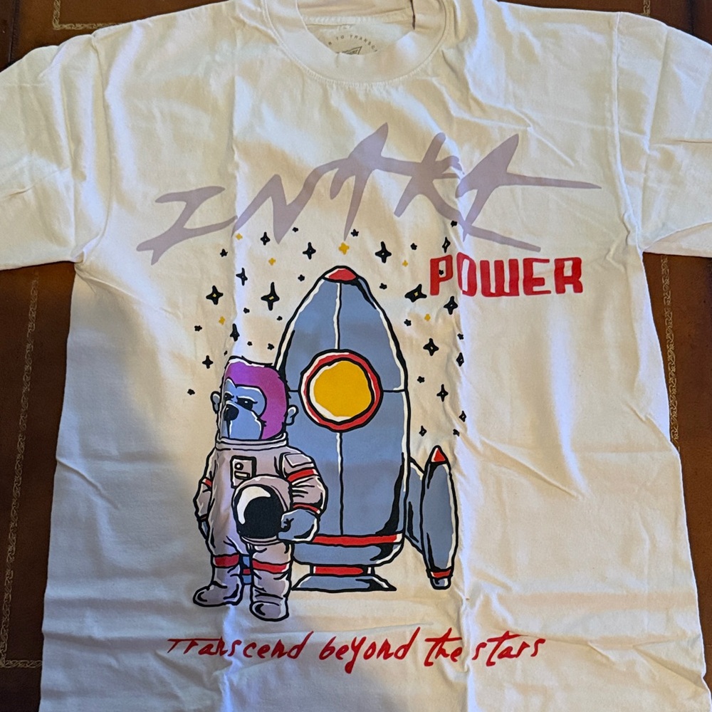Inaka Power White Tee with Purple, Blue, Red and Yellow Space Graphic